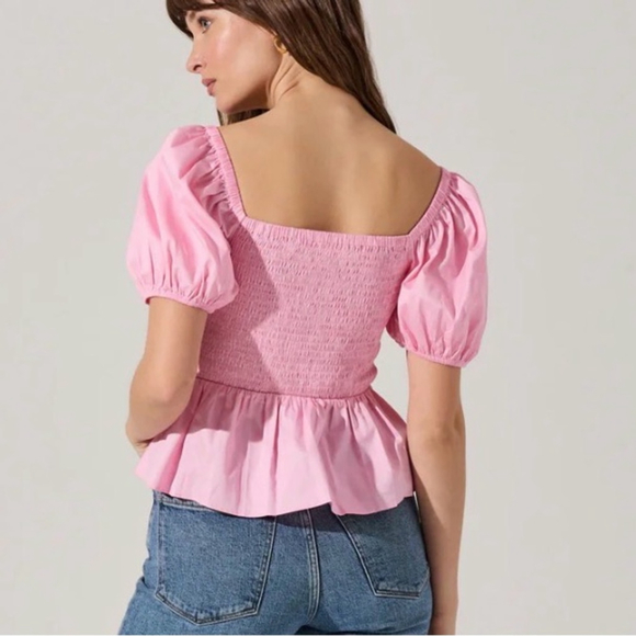 Astr The Label Smocked Pink Puff Peplum Sleeve Blouse Size S Cottagecore Boho - Picture 3 of 13